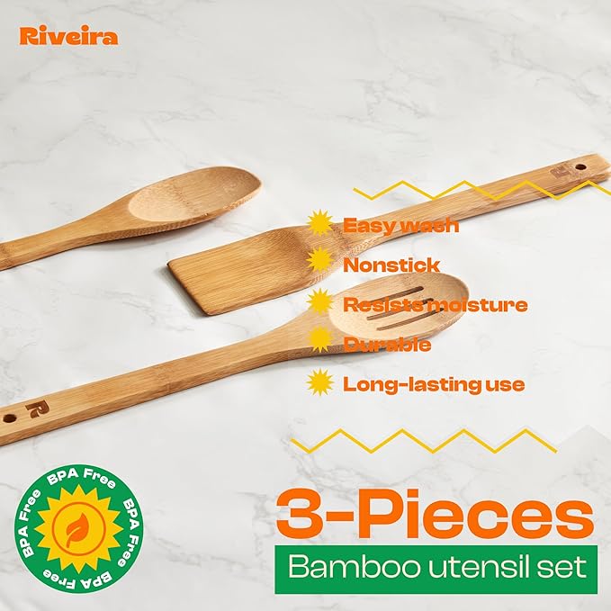 Riveira Dark Bamboo Wooden Spoons for Cooking 3-Piece, Apartment Essentials Wood Spatula Spoon Nonstick Kitchen Utensil Set Premium Quality Housewarming Gifts for Everyday Use