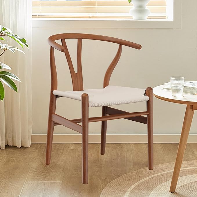 Tomile Solid Wood Wishbone Chair Y Chair Mid-Century Armrest Dining Chair, Hemp Seat (Ash Walnut Color, Pack of 2)