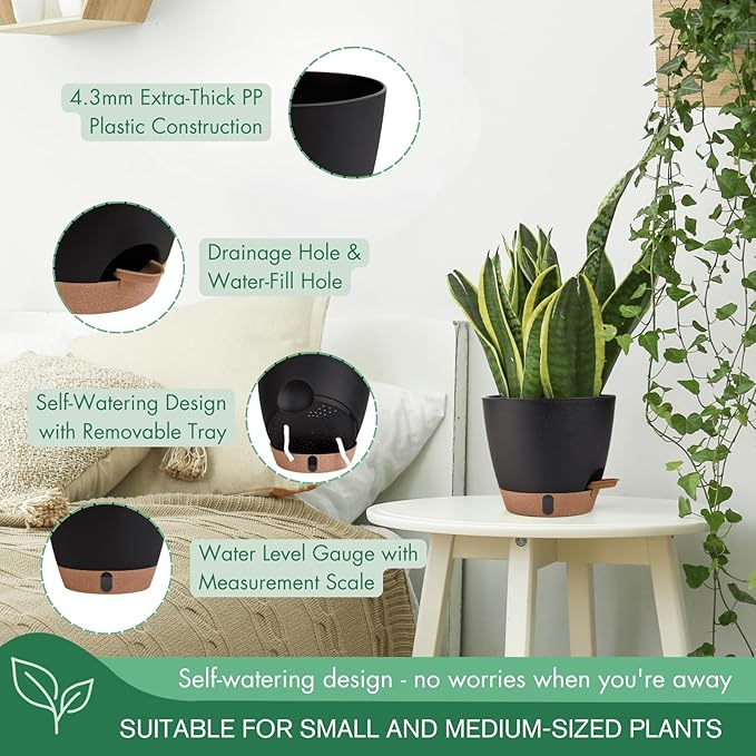 montresor 2 Pack 8 inch Plant Pots, PP Plastic Self Watering Plant Pot with Drainage and Tray for Indoor Outdoor Plants, Water Level Window & Reservoir Flower Pots Decorative Planter (Black)