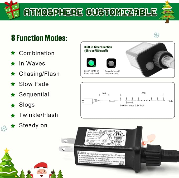 JMEXSUSS 200 LED White Christmas Lights Outdoor, 66ft Connectable Christmas Tree Lights Green Wire, 8 Modes Waterproof Christmas Twinkle String Lights Plug in for Xmas Wedding Party Indoor Decorations