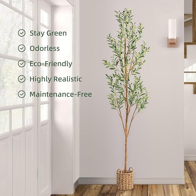 7ft Artificial Olive Tree with LED Fairy Lights & Woven Planter - Lifelike Faux Silk Plant with Realistic Leaves & Fruits and Natural Trunk for Indoor Home Office Living Room Bedroom Foyer Decor