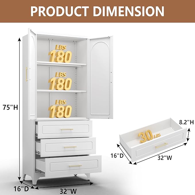Kitchen Pantry Cabinet, 75" Tall Pantry Cabinet with Three Drawers, Freestanding Food Cupboard with Doors and Shelves, Metal Storage Cabinets for Dining, Living Room, White, Assembly Required