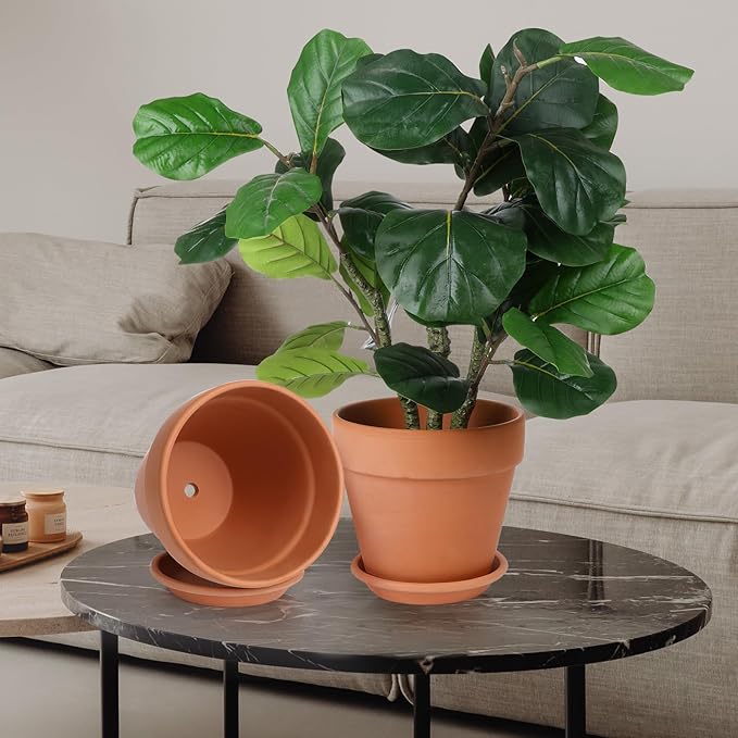 INGOFIN 12 Inch Terracotta Pot with Saucer - Ceramic Clay Pot for Plants with Drainage Hole, Large Terra Cotta Flower Planter with Tray for Indoor Outdoor Plants