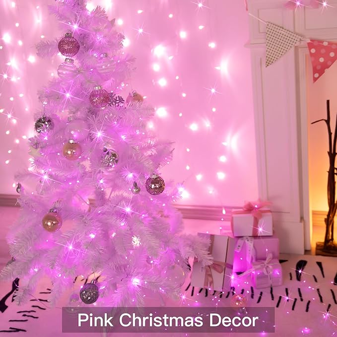 suddus Pink Christmas Fairy Lights Battery Operated Outdoor Waterproof, 66ft 200 Led String Lights with Remote, Twinkle Lights for Bedroom, Dorm, Tapestry, Party Decorations