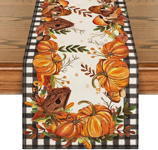 Artoid Mode Buffalo Plaid Pumpkins Mushrooms Birdhouse Leaves Table Runner, Seasonal Fall Harvest Vintage Kitchen Dining Table Decoration for Indoor Outdoor Home Party Decor 13 x 108 Inch