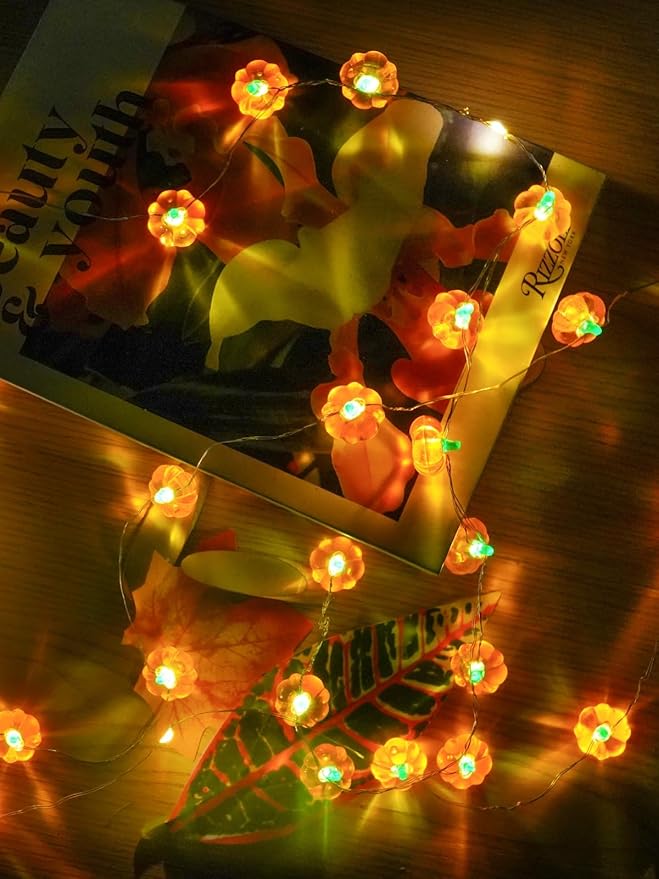 2 Pack 60LED Fall Decoration 3D Pumpkin String Lights Battery Operated, 20FT Fall Lights with Remote, Waterproof 8 Modes Fairy Lights for Autumn Harvest Thanksgiving Halloween Decor