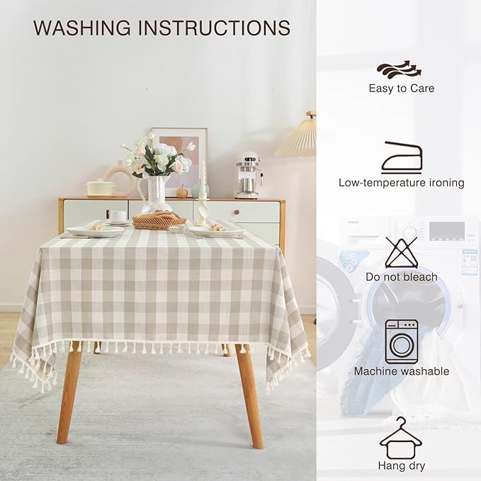 JIALE Gingham Tablecloth Square Cotton Linen Fabric Checkered Table Cloth with Tassel Washable Wrinkle Free Buffalo Plaid Table Cover for Outdoor Party Picnic Kitchen Dining, Beige, 55x55