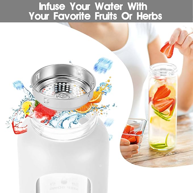 32 oz Glass Water Bottle with Straw - Motivational Time Marker & Silicone Sleeve - Reusable Tumbler Includes 2 Bamboo Lids & Fruit Infuser - 1 Pack