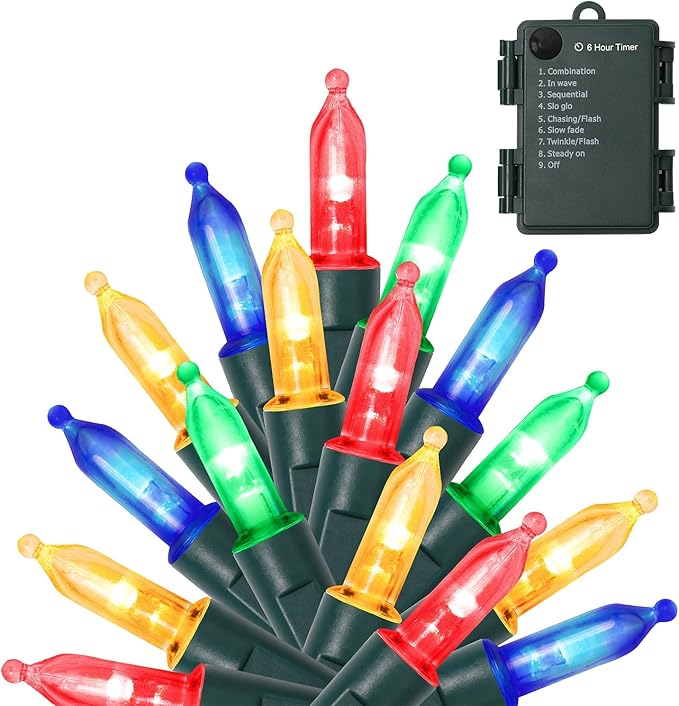 WATERGLIDE 50 LED Outdoor Christmas Lights, 16 FT Battery Operated Mini String Lights with 8 Modes & Timer, Xmas Tree Lights Waterproof for Patio Garden Party Wedding Holiday Decor, Multicolor