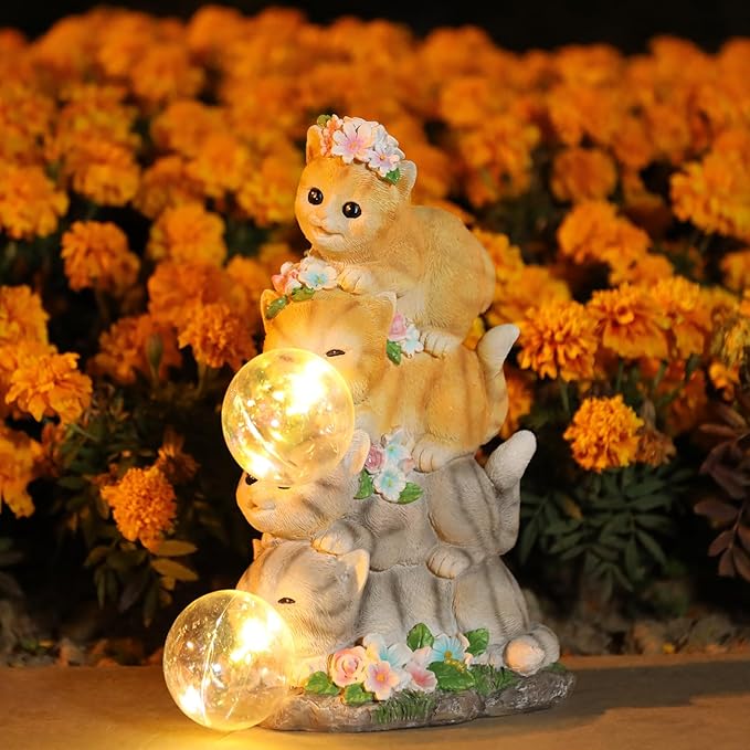 Solar Cat Garden Statue Resin Cat Statue Decor Outdoor with LED Lights for Outside Yard Art Lawn Ornaments Patio, Cat Lovers Gifts