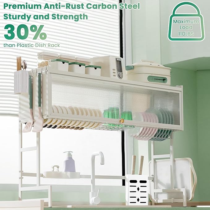 Dish Drying Rack, 3-Tier Over Sink Dish Drying Rack, 33.5" Sink Dish Rack for Small Kitchen, Space-Saving Sink Dish Rack with Cover, Baskets, Utensil, Large Kitchen Storage Organizer White