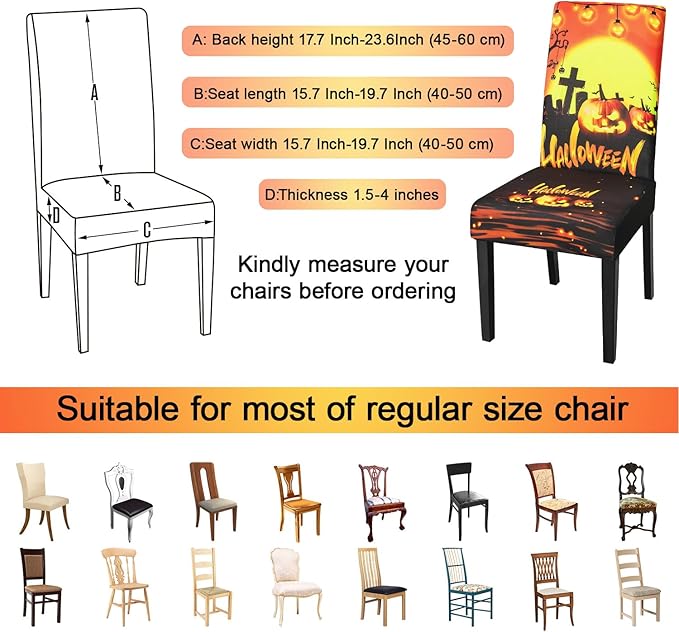 JQinHome Orange Halloween Chair Slipcover, Pumpkin Chair Covers Set of 4, High Stretch Washable Chair Protector Cover for Dining Room, Kitchen,Home Party,Wedding Ceremony(Orange,4PC)