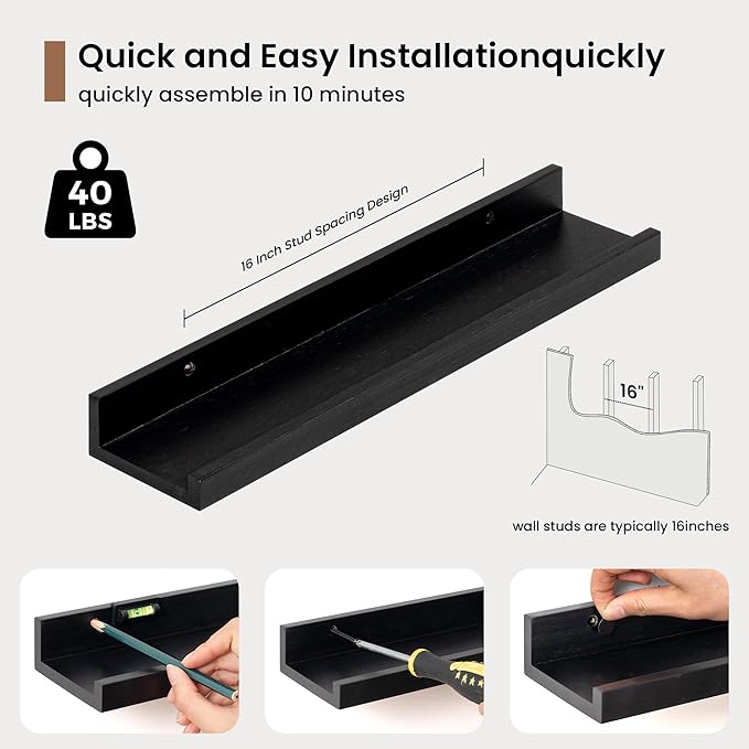 Picture Ledge Shelf, Solid Pine Wood Floating Shelves Set of 4, 16 Inches Nursery Book Shelves for Toys Storage, Kids Bookshelf Wall Mounted for Living Room Decor Photo Frames, Black