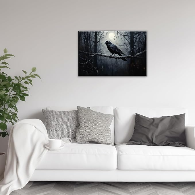 OAAPITI Crow Canvas Wall Art Black Crow Stand On The Branch Picture Print Moonlit Night Poster Vintage Forest Landscape Painting Artwork Living Room Halloween Decor(Artwork-1,20"x30")