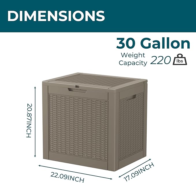 Vixzen 31 Gallon Resin Deck Box - Lockable Outdoor Storage for Patio Cushions, Garden Tools, Pool Supplies，Grey