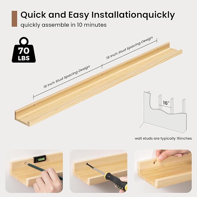 Picture Ledge Shelf, Solid Pine Wood Floating Shelves Set of 2, 40 Inches Nursery Book Shelves for Toys Storage, Kids Bookshelf Wall Mounted for Living Room Decor Photo Frames, Unfinished Natural