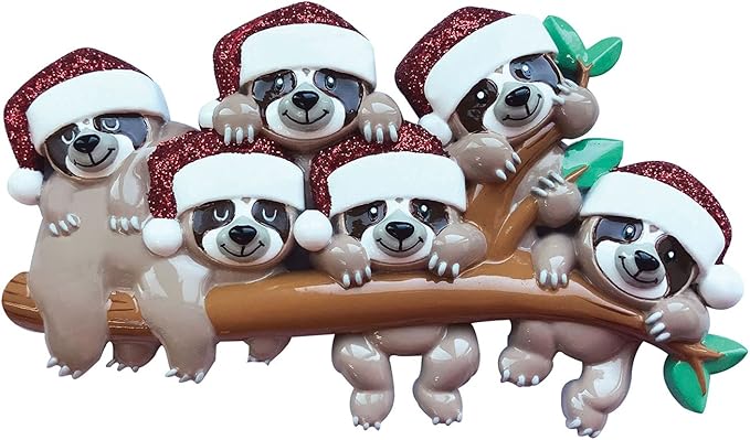 3D Sloth Family of 6 Ornament 2025 Personalized Family Christmas Ornaments 2025 | Holiday Hangout Personalized Tree Ornaments for Grandchildren Siblings & Grandkids of Six Ornament Hanging Sloths
