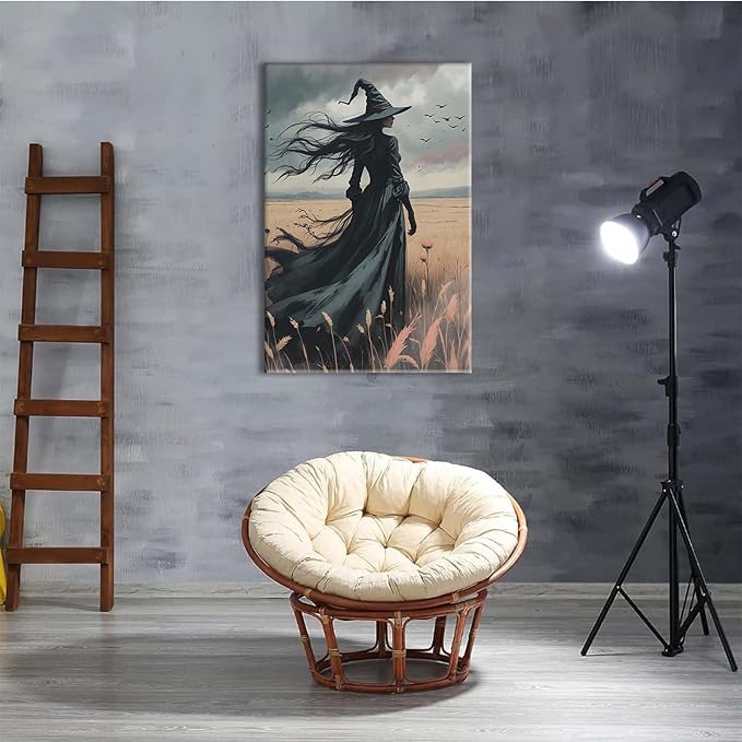 JFHCQJPK Gothic Decor Canvas Wall Art Witch in Rice Field Halloween Art Decor Print Nature Print Victorian Home Bedroom32x48in Frameless