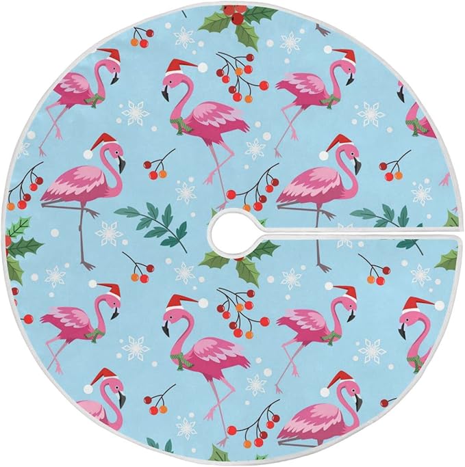 Christmas Flamingo Snowflake Tree Skirt, Seasonal Tree Mat Holiday Party Supplies Ornaments Indoor Outdoor Decorations for Tabletop Trees 35.4 Inches