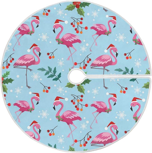 Christmas Flamingo Snowflake Tree Skirt, Seasonal Tree Mat Holiday Party Supplies Ornaments Indoor Outdoor Decorations for Tabletop Trees 35.4 Inches