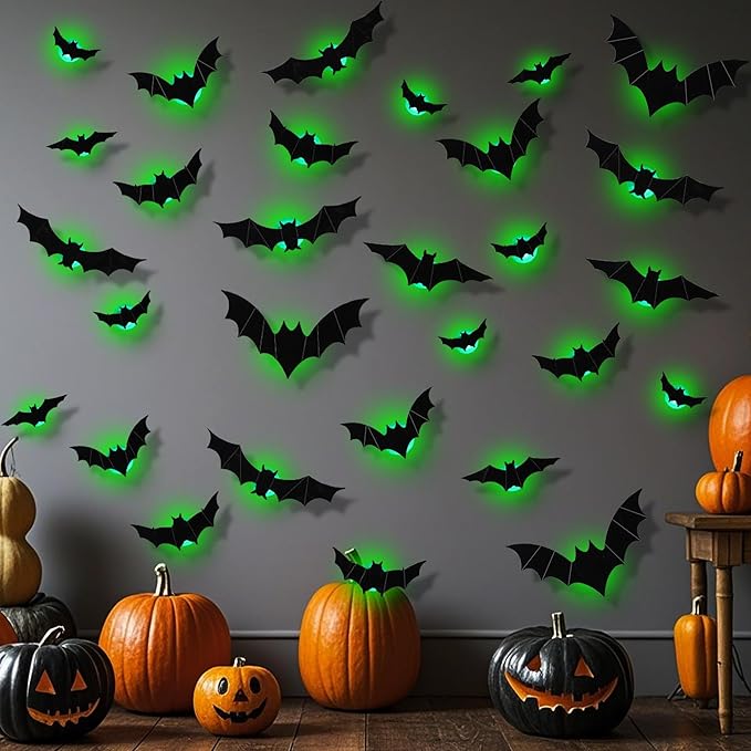 DR.DUDU 36 Pack Bats Halloween Decorations- Light Up Bat Wall Stickers with Green LED, 3D Removable Window Decals for Indoor/Outdoor, Bathroom, Door, Home, Bedroom Halloween Party