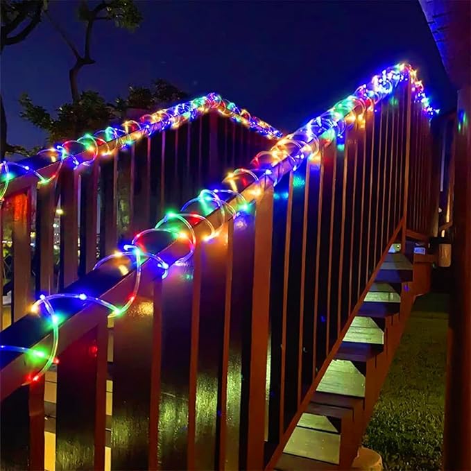 YEGUO 2 Packs Each 33ft 100 LED Solar Trampoline Lights Multicolor, Solar Rope Lights for Outside, 8 Modes Fairy Lights in Clear Thin Tube for Camping Fence Patio Garden Deck
