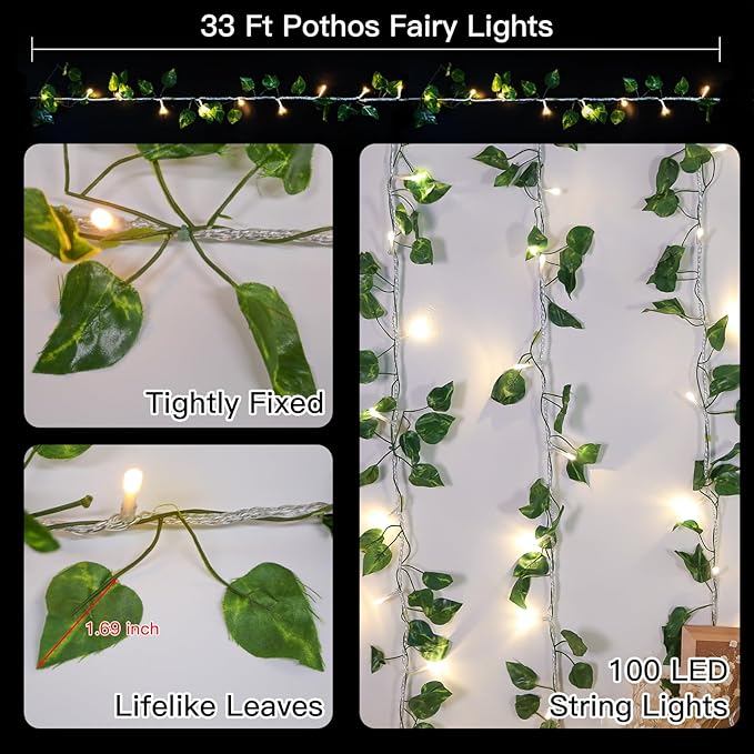 suddus Vine with Fairy Light Plug in, 33ft 100 LED Pothos String Lights Connectable with Remote, Leaf Lights for Bedroom, Room, Wall, Garden, Party, Wedding Decor (Warm White)