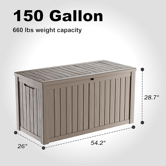 150 Gallon Deck Box Large Outdoor Storage for Patio Furniture,Outdoor Cushions,Garden Tools and Pool Supplies,Waterproof,Resin,Lockable(Grey)
