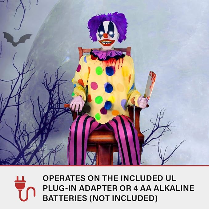 Haunted Hill Farm Motion-Activated Thrashing Clown with a Meat Cleaver by Tekky, Sitting Halloween Animatronic for Indoor or Covered Outdoor Creepy Halloween Decorations, Plug-in or Battery Operated