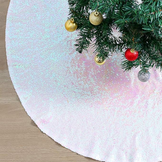 36 Inch Christmas Tree Skirt Iridescent White Tree Skirt Small Sequin Tree Mat for Merry Christmas Party Christmas Tree Decoration
