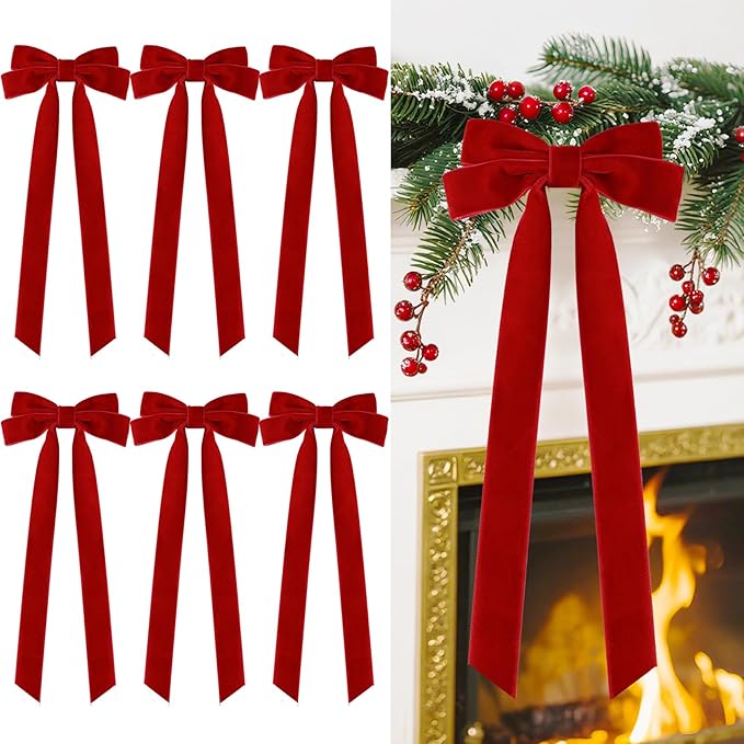 Senjie Velvet Large Christmas Bows for Staircase Garland Wreath, 20in x 8in Vintage Ribbon Bows with Twist Tie for Xmas Tree Holiday Indoor Outdoor Decorations (6Pcs, Red)