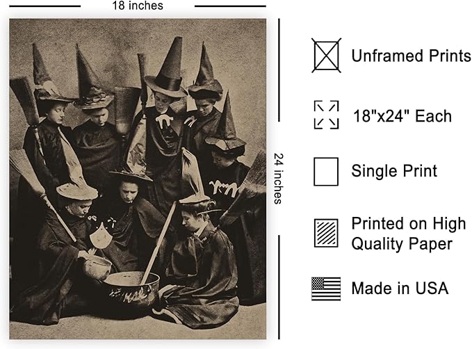 Poster Master Vintage Photograph Poster - Retro Halloween Print - Gift for Artist, Friend - Witches Cooking, Pointy Hats, Broomsticks, Black Magic - Wall Decor for Bedroom, 18x24 Unframed Wall Art