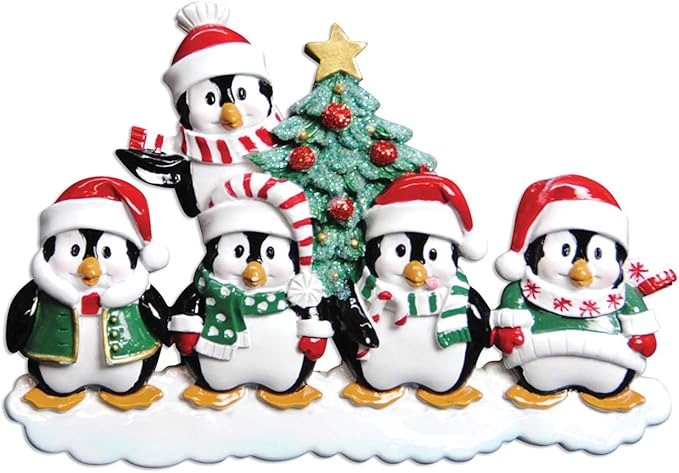 3D Penguin Family of 5 Ornament 2025 Personalized Family Christmas Ornaments 2025 | Snowy Xmas Tree Holiday Penguins Personalized Tree Ornaments for Grandchildren Siblings & Grandkids of Five Ornament
