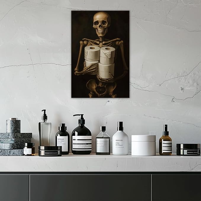 Gothic Skull Wall Art Funny Skeleton with Toilet Paper Canvas Print Vintage Skull Painting Framed Artwork for Living Room Home Halloween Wall Decor(Artwork-8,20"x30")