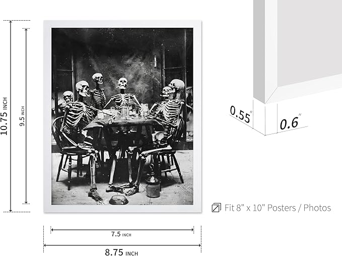 Poster Master Vintage Photograph Poster - Retro Daguerreotype Print - Gift for Artist, Friend - Skeletons Smoking at Table, Dinner Party, Goth - Wall Decor for Home, Dorm, 8x10 White Framed