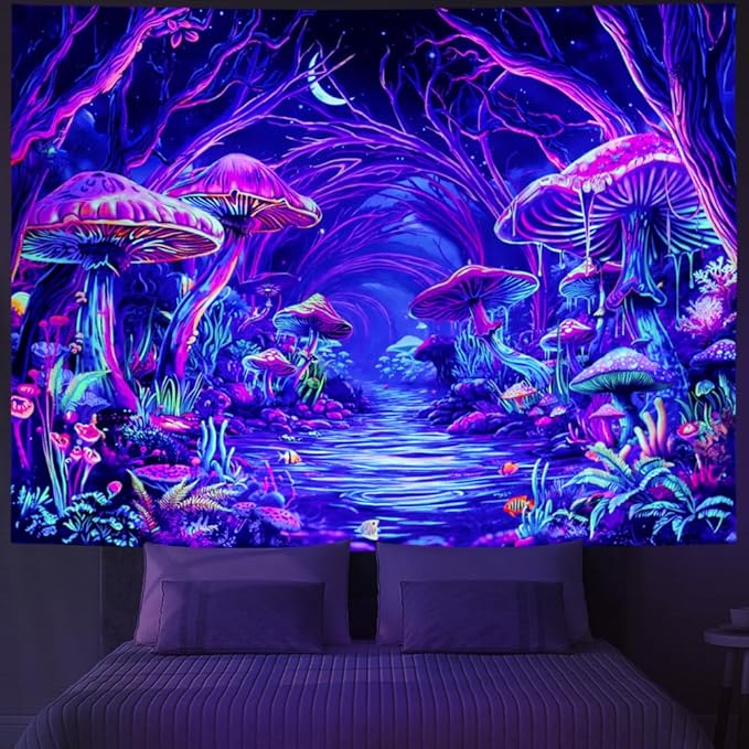 Yuiqear Blacklight Forest Tapestry UV Reactive Mushroom Tapestries Fantasy Landscape Wall Decor Aesthetic Plant Floral Tapestry Wall Hanging for Bedroom
