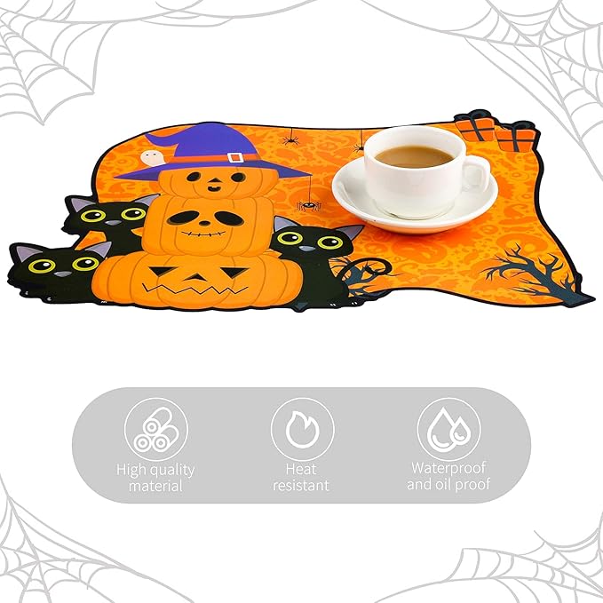 MCEAST 6 Pack Halloween Plastic Placemats Halloween Pumpkin Spider Ghost Waterproof Table Mats Assorted 6 Styles Halloween Party Table Decorations for Home Kitchen Dining, 16 x 12 Inches