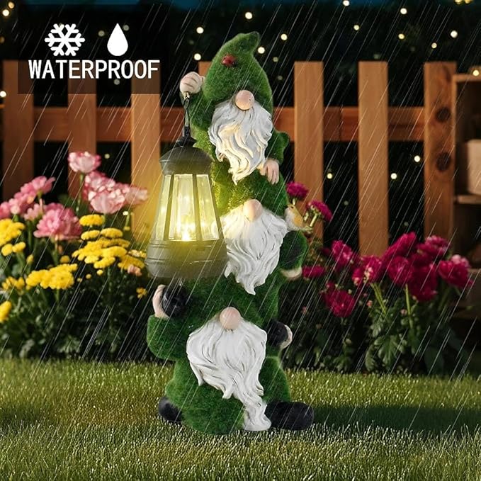Solar Garden Three Gnome Statue Stacked Flocked with LED Light, Outdoor Waterproof Lawn Ornament Decor for Patio Lawn Yard Pathway Gift Idea for Women Mom Mothers Day