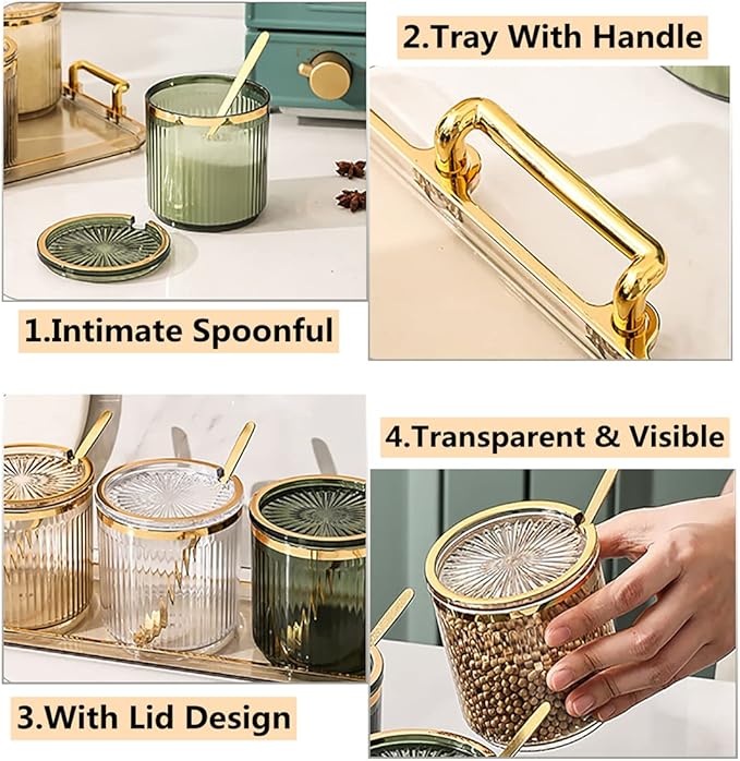 Acrylic Condiment Spice Jars and Box with Lids, Spoons, Tray - 3 Pack, Clear Plastic Canisters, Seasoning Box Set for Salt, Paprika, Sugar - Kitchen Storage
