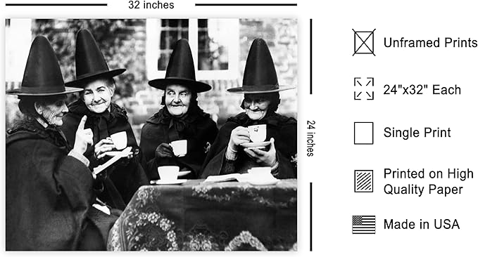 Poster Master Classic Photograph Poster - Vintage Halloween Print - Gift for Artist, Friend - Witches Tea Party, Old Women Smiling, Wearing Robes - Wall Decor for Living Room, 24x32 Unframed Wall Art