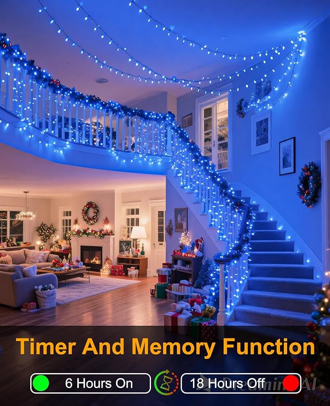 40FT 120 LED Christmas Lights Outdoor, Green Wire Christmas Tree Lights with 8 Modes & Waterproof, Connectable Plug in String Light for Indoor Bedroom Yard Party Wedding Decorations, Blue