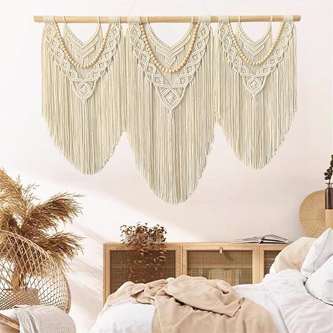large macrame wall hanging - Boho Tapestry Macrame Wall Decor Art- Chic Bohemian Handmade Woven Tapestry Home Decoration for Bedroom Living Room Apartment Wedding Party - 43"x32" (Beige-Wood Bead)