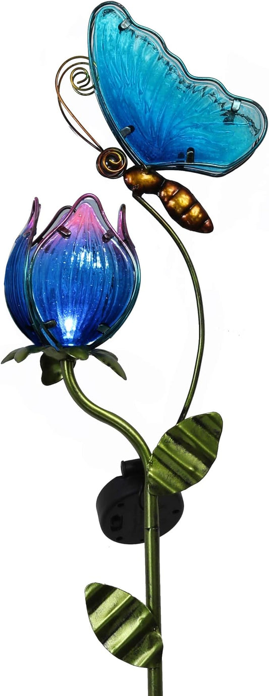 TERESA'S Collections Flower Yard Decorations Outdoor, 42'' Blue Glass Butterfly Solar Outdoor Lights Garden Decor for Outside, Metal Yard Art Garden Stake Decorative for Patio Decor,Gifts for Mom