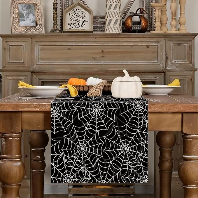 Halloween Table Runner Spider Web Black Linen Table Runners for Seasonal Holidays Indoor Outdoor Kitchen Dining Party Home Decor 13 x 90 Inch