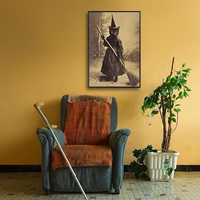 Halloween Decor Posters Black Cat Witch Canvas Wall Art Vintage Spooky Print Of Gothic Room Family Dark Academia Decorations Creepy Picture Poster Aesthetic 16X24inch Aluminum Framed