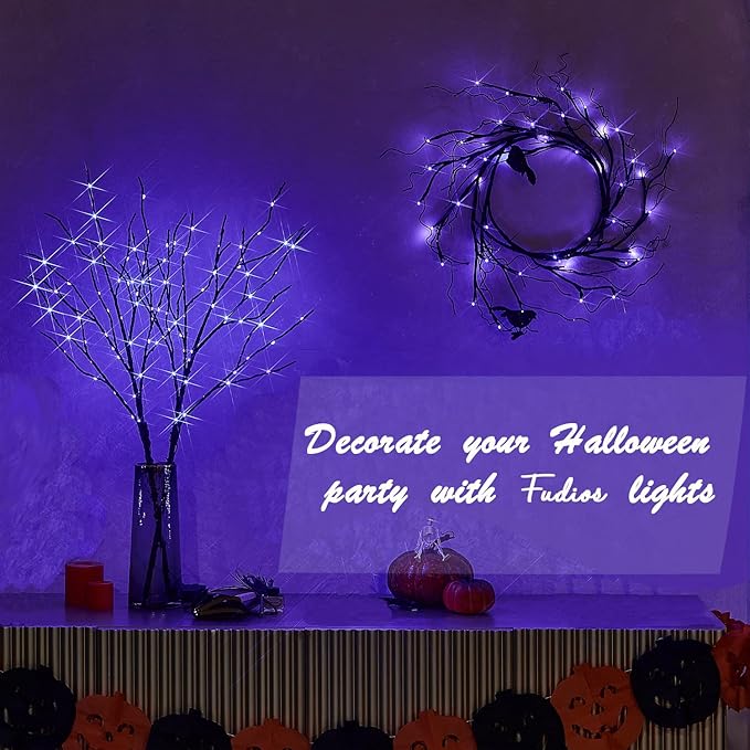 Fudios Halloween Lighted Branches with Timer 100 LED Purple Fairy Lights 32IN, Artificial Black Branch Lights for Halloween Battery Operated Home Decor Indoor Outdoor Use