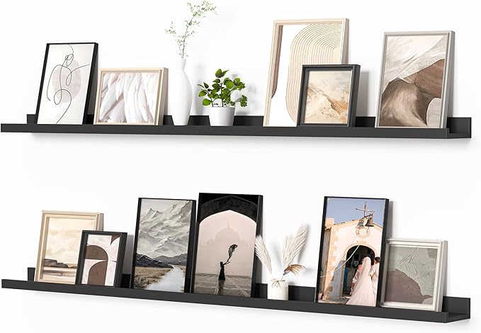 Heimlove Picture Ledge Shelf, Floating Shelves Set of 2, 56 Inches Picture Shelf for Wall with Ledge, Kids Bookshelf Wall Mounted for Living Room Bedroom Decor Books Photo Frames, Black
