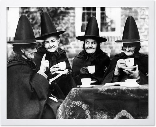 Poster Master Classic Photograph Poster - Vintage Halloween Print - Gift for Artist, Friend - Witches Tea Party, Old Women Smiling, Wearing Robes - Wall Decor for Living Room, 16x20 White Framed