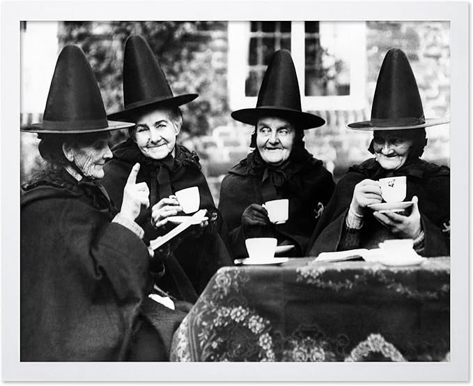 Poster Master Classic Photograph Poster - Vintage Halloween Print - Gift for Artist, Friend - Witches Tea Party, Old Women Smiling, Wearing Robes - Wall Decor for Living Room, 8x10 White Framed
