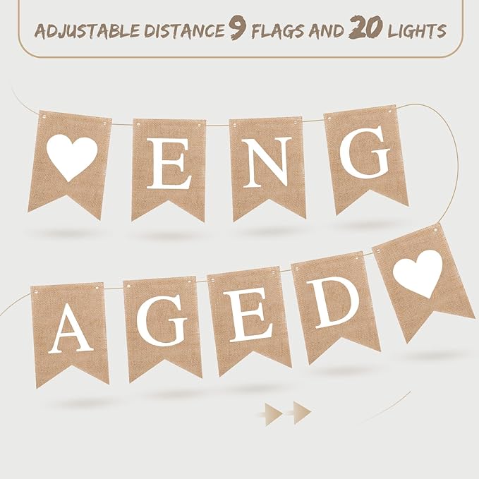 Moukeren Engagement Party Decorations Engaged Banner Heart Burlap Rustic Bunting Garland LED Fairy Lights Battery Operated String Lights for Outdoor Tree Decorations Wedding